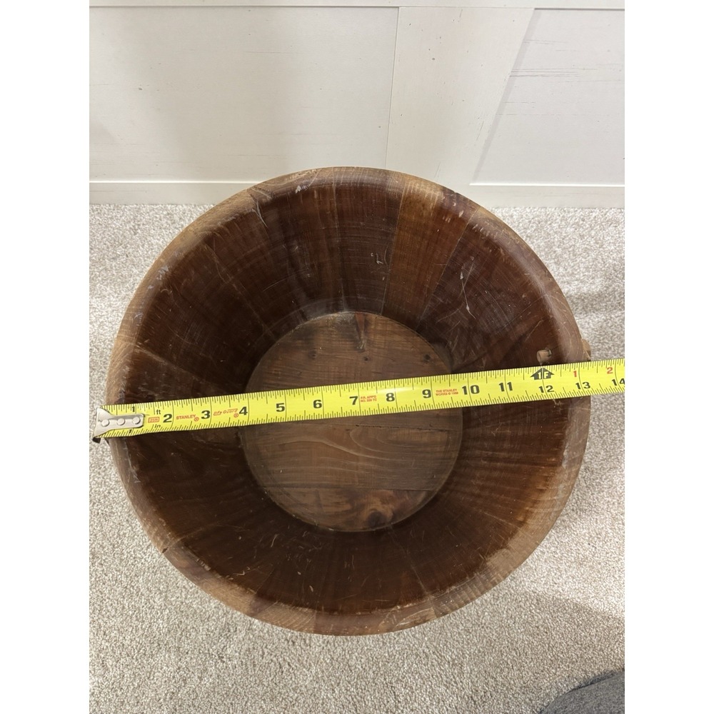 Antique PRIMITIVE Vintage Wooden Bucket w/ Swing Handle 2 Metal Bands Christmas - Picture 7 of 8